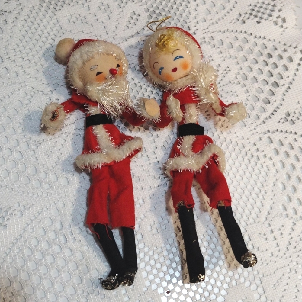 Vintage 1950s Mid Century Modern Bendable Mr. & Mrs. Claus Christmas Ornaments